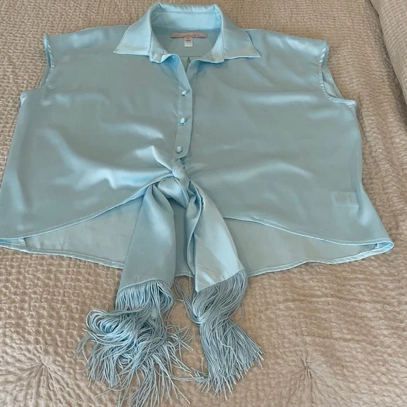 Hutch Light Blue Fringed Tie Front Cap Sleeve Button Down Blouse Size SMALL - Picture 2 of 8